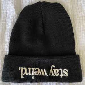Stay Weird black wool hip-hop style beanie. Made in Italy.